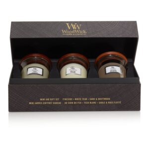 Svijeće Woodwick Fireside, White Teak, Sand & Driftwood Gift Set 3/1